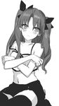  bad_id bad_pixiv_id blush bow camisole covering covering_breasts fate/stay_night fate_(series) frown greyscale hair_bow highres long_hair midriff monochrome navel sakura_yuki_(clochette) skirt solo strap_slip thighhighs toosaka_rin two_side_up zettai_ryouiki 