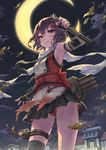  &gt;:) arm_up armpits black_gloves brown_hair cloud crescent_moon gloves haoni kantai_collection leaf light_smile looking_at_viewer moon night nontraditional_miko panties sash sendai_(kantai_collection) short_hair skirt sky smile solo thigh_strap thighhighs underwear upskirt v-shaped_eyebrows 