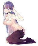  bad_id bad_twitter_id breasts character_request cleavage cleavage_cutout large_breasts mckeee meme_attire open-chest_sweater pantyhose purple_eyes purple_hair solo sweater 