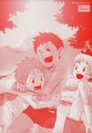  3boys blush child male male_focus monochrome mountain multiple_boys open_mouth outdoors road scan shorts sky standing sweat topless tree tsukumo_gou 