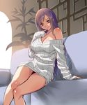  bare_shoulders blue_hair blush breasts brown_eyes cleavage closed_mouth collarbone couch final_fantasy final_fantasy_vii finger_to_mouth head_tilt highres large_breasts light_smile long_hair looking_at_viewer md5_mismatch naked_sweater off_shoulder ribbed_sweater sitting sleeves_past_wrists smile solo suuitchi sweater tifa_lockhart very_long_hair 