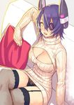  black_panties blush breasts cleavage cleavage_cutout couch crossed_legs eyepatch garter_straps headgear jpeg_artifacts kantai_collection large_breasts long_sleeves md5_mismatch meme_attire open-chest_sweater open_mouth panties pillow purple_eyes ribbed_sweater short_hair sitting solo sweater tenryuu_(kantai_collection) thighhighs turtleneck underwear yellow_eyes yuuji_(and) 