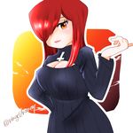  adapted_costume breasts cleavage cleavage_cutout cross hair_over_one_eye hand_on_hip inverted_cross large_breasts long_hair meme_attire open-chest_sweater parasoul_(skullgirls) red_hair ribbed_sweater ringo_tou_hachimitsu skullgirls solo sweater twitter_username yellow_eyes 