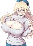  atago_(kantai_collection) beret blonde_hair blush breasts cleavage cleavage_cutout glasses green_eyes hat huge_breasts kantai_collection long_hair meme_attire open-chest_sweater pas_(paxiti) ribbed_sweater rimless_eyewear smile solo sweater turtleneck 