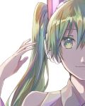  1girl bare_shoulders green_eyes green_hair grey_shirt hatsune_miku headphones hikari50503 long_hair looking_at_viewer portrait shield shirt simple_background sleeveless sleeveless_shirt solo twintails vocaloid white_background 