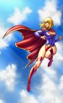  1girl blonde_hair blue_eyes blue_sky boots cape dc_comics flying kryptonian leotard red_cape red_shoes s_shield shoes sky solo supergirl superman_(series) teeth zhen_long 