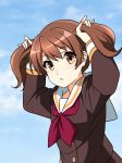  1girl :o arms_up blue_sky brown_eyes brown_hair cloud day hibike!_euphonium long_sleeves looking_at_viewer mitsuhiro-510-goto oumae_kumiko outdoors school_uniform serafuku short_twintails sky solo twintails upper_body 