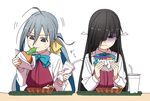  ahoge black_eyes black_hair eating food hair_over_one_eye hair_ribbon hamburger hayashimo_(kantai_collection) holding kantai_collection kinosuke_(sositeimanoga) kiyoshimo_(kantai_collection) long_hair low_twintails multiple_girls ribbon school_uniform shaded_face silver_eyes silver_hair twintails 