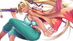  alternate_color blonde_hair breasts dark_skin gyaru hair_ribbon holding katana large_breasts long_hair looking_at_viewer midriff one_eye_closed ono_misao open_mouth pants player_2 ponytail ribbon sideboob smile solo sword tan under_night_in-birth weapon yuzuriha_(under_night_in-birth) 