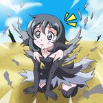  :o all_fours black_gloves black_hair black_legwear blue_eyes boots elbow_gloves feathers gloves happinesscharge_precure! highres precure queen_mirage short_hair skirt solo spoilers thigh_boots thighhighs torn_clothes watosonshi zettai_ryouiki 