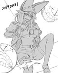  belt beltbra breasts cape cleavage creature dated familiar greyscale grin groin guilty_gear guilty_gear_xrd hat kuro_goma_(kakkou11) large_breasts long_hair monochrome navel ramlethal_valentine short_shorts shorts simple_background sitting smile solo spot_color underboob white_background 