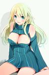  atago_(kantai_collection) bare_shoulders blonde_hair blue_eyes blush breasts cleavage_cutout dated detached_sleeves kantai_collection large_breasts long_hair long_sleeves looking_away meme_attire open-chest_sweater open_mouth ribbed_sweater sitting solo sweater tebi_(tbd11) turtleneck wariza 