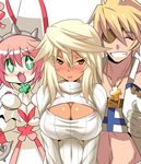  2girls :3 alternate_costume blonde_hair blush breasts cleavage cleavage_cutout closed_eyes clover colored_eyelashes cravat cross dark_skin elphelt_valentine eyepatch four-leaf_clover green_eyes grin guilty_gear guilty_gear_xrd hairband jewelry konno_tohiro large_breasts long_hair looking_at_another meme_attire multiple_girls necklace open-chest_sweater open_mouth orange_hair pink_hair ramlethal_valentine ribbed_sweater short_hair siblings simple_background sin_kiske sisters smile sparkle spikes sweater thumbs_up turtleneck white_background 