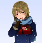 bangs blush breath brown_hair buttons coat flower gift gloves gradient gradient_background highres idolmaster idolmaster_million_live! long_sleeves mmyk81 nagayoshi_subaru open_mouth red_eyes ribbon rose scarf short_hair snowing solo standing sweatdrop valentine winter_clothes winter_coat 