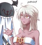  ahoge beltbra breasts cape cleavage collarbone colored_eyelashes creature dark_skin dated dressing familiar guilty_gear guilty_gear_xrd kuro_goma_(kakkou11) large_breasts long_hair no_hat no_headwear open_mouth ramlethal_valentine simple_background solo underboob white_background white_hair yellow_eyes 