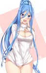  2014 :o alternate_costume angry aoki_hagane_no_arpeggio bangs blue_eyes blue_hair blush bottomless breasts cleavage cleavage_cutout covering covering_crotch cowboy_shot dated hair_between_eyes hand_on_own_chest high_ponytail highres large_breasts long_hair long_sleeves looking_at_viewer luzi meme_attire mole mole_under_mouth naked_sweater open-chest_sweater parted_bangs pink_background ponytail ribbed_sweater shirt_tug shouting sidelocks signature solo standing sweater takao_(aoki_hagane_no_arpeggio) thigh_gap thighs turtleneck v-shaped_eyebrows very_long_hair white_background wide_hips 