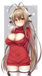  amagi_brilliant_park antenna_hair arms_behind_back blush bow breasts breath brown_eyes brown_hair cleavage cleavage_cutout dress eyebrows_visible_through_hair hair_bow hair_intakes hattori_masaki large_breasts long_hair looking_at_viewer meme_attire open-chest_sweater ponytail ribbed_sweater sento_isuzu skindentation solo sweater sweater_dress thighhighs turtleneck white_legwear zettai_ryouiki 