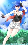  2014 :d artist_name black_gloves blue_hair breasts cleavage dated fingerless_gloves gloves grass highres jewelry large_breasts looking_at_viewer necklace open_mouth original ponytail red_eyes shorts smile solo standing standing_on_one_leg the-sinner 