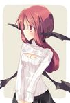  alternate_costume bat_wings blush breasts cleavage cleavage_cutout head_wings koakuma long_hair meme_attire open-chest_sweater red_eyes red_hair ribbed_sweater satou_kibi simple_background small_breasts solo sweater touhou turtleneck wings 