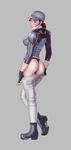  absurdres ass baseball_cap black_panties blue_eyes boots breasts brown_hair fingerless_gloves gloves grey_background hat headset highres holster jill_valentine large_breasts lips panties pants_pull ponytail reptileye resident_evil resident_evil_5 shoulder_holster solo thong underwear 