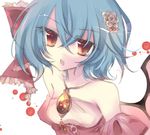  alternate_costume bat_wings brooch colored_eyelashes detached_sleeves dress fang flower hair_flower hair_ornament imari_yuka jewelry lavender_hair off_shoulder open_mouth pink_dress red_eyes remilia_scarlet short_hair solo touhou wings 