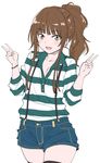  amagami bangs blunt_bangs blush brown_eyes brown_hair denim denim_shorts double_v kamizaki_risa long_hair pantyhose ponytail shirt shorts shouji_nigou sidelocks smile solo striped striped_shirt suspenders thighhighs v 