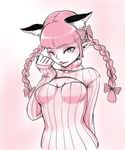  animal_ears bow braid breasts cat_ears cleavage_cutout extra_ears hair_bow kaenbyou_rin licking long_hair medium_breasts meme_attire monochrome open-chest_sweater pointy_ears ribbed_sweater sleeves_past_wrists solo sweater teatime_(mike) tongue touhou turtleneck twin_braids 