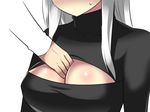  between_breasts breasts caffein cleavage_cutout close-up hand_between_breasts head_out_of_frame large_breasts long_hair meme_attire open-chest_sweater simple_background sweater turtleneck upper_body white_background white_hair 