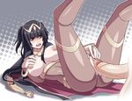  1girl bangs black_hair blunt_bangs breasts breasts_outside clothed_sex fire_emblem fire_emblem:_kakusei large_breasts legs_up long_hair lying nintendo nipples nopeavi on_back open_mouth penis purple_eyes pussy pussy_juice sex tharja uncensored vaginal 