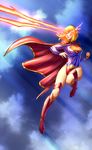  1girl blonde_hair boots cape dc_comics flying glowing glowing_eyes kryptonian laser_eyes leotard red_cape red_shoes s_shield shoes supergirl superman_(series) zhen_long 
