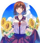  1girl black_sailor_collar blue_sky brown_eyes brown_hair cloud collarbone day flower highres hikari50503 looking_at_viewer neck_ribbon original outdoors pleated_skirt purple_skirt red_ribbon ribbon sailor_collar shiny shiny_hair shirt short_hair short_sleeves skirt skirt_hold sky smile solo standing sunflower white_background white_shirt yellow_flower 