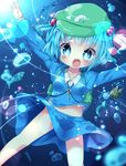  :d akisha bad_id bad_pixiv_id blue_eyes blue_hair fish hair_bobbles hair_ornament hat kawashiro_nitori key looking_at_viewer navel open_mouth outstretched_arms short_hair smile solo spread_arms touhou two_side_up underwater 