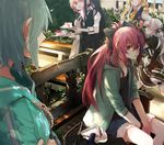  akemi_homura apron bench black_hair blonde_hair blue_hair cake casual drill_hair food hanyae hood hoodie kaname_madoka long_hair mahou_shoujo_madoka_magica mahou_shoujo_madoka_magica_movie miki_sayaka momoe_nagisa multiple_girls out_of_frame pale_skin pink_eyes pink_hair pocky ponytail red_eyes red_hair sakura_kyouko short_hair shorts skirt sweat tomoe_mami twintails white_hair yellow_eyes 