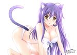  2014 ahoge all_fours animal_ears artist_name bikini borrowed_character breasts cat_ears cat_tail cleavage dated large_breasts long_hair looking_at_viewer open_mouth original purple_hair simple_background solo swimsuit tail the-sinner white_background white_bikini yellow_eyes 