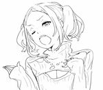  breasts cleavage cleavage_cutout fang greyscale jewelry meme_attire monochrome nagisa_kurousagi necklace one_eye_closed open-chest_sweater original ribbed_sweater short_twintails sketch small_breasts solo sweater turtleneck twintails 