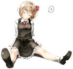  1girl ^_^ ascot brown_hair closed_eyes facing_viewer full_body gorilla_(bun0615) highres mary_janes rumia shoes short_hair simple_background sitting smile socks solo spoken_exclamation_mark spread_legs touhou white_background white_legwear 