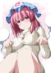  blush breasts cleavage_cutout flying_sweatdrops hat highres hitodama large_breasts looking_at_viewer meme_attire nori_tamago open-chest_sweater pink_eyes pink_hair ribbed_sweater saigyouji_yuyuko short_hair solo sweater touhou triangular_headpiece turtleneck 