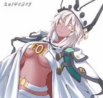  belt beltbra breasts cape cleavage colored_eyelashes dark_skin dated groin guilty_gear guilty_gear_xrd hat kuro_goma_(kakkou11) large_breasts long_hair looking_away navel ramlethal_valentine short_shorts shorts simple_background solo underboob white_background white_hair yellow_eyes 