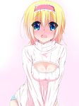  alice_margatroid asn_s blonde_hair blue_eyes blue_panties blush breasts cleavage cleavage_cutout hairband highres medium_breasts meme_attire open-chest_sweater panties ribbed_sweater solo sweater tears touhou underwear 