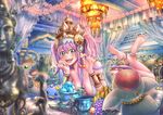  :d anklet bad_id bad_pixiv_id banana bare_shoulders barefoot breasts bubblie_(p&amp;d) cherry cleavage crown elephant feet food fruit grapes green_eyes jewelry lakshmi_(p&amp;d) large_breasts lying open_mouth purple_hair puzzle_&amp;_dragons ring sho_(shoichi-kokubun) smile soles 
