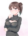  blush breast_hold breasts brown_eyes brown_hair casual checkered checkered_background cleavage_cutout ginopi highres kaga_(kantai_collection) kantai_collection large_breasts long_sleeves looking_at_viewer meme_attire open-chest_sweater ribbed_sweater side_ponytail solo sweater turtleneck upper_body 
