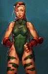  ahoge bam_(s2leona) beret blonde_hair blue_eyes bodypaint braid breasts cammy_white camouflage cowboy_shot fingerless_gloves gloves green_leotard hands_on_hips hat huge_ahoge leotard long_hair nose scar small_breasts solo standing street_fighter twin_braids 