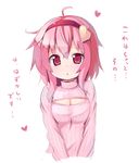 ahoge blush breasts cleavage cleavage_cutout hairband heart highres komeiji_satori medium_breasts meme_attire ominaeshi_(takenoko) open-chest_sweater open_mouth parted_lips pink_eyes pink_hair ribbed_sweater short_hair simple_background sketch solo sweater touhou translated turtleneck upper_body white_background 