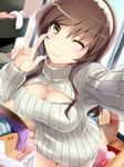  ;) alternate_costume ashigara_(kantai_collection) bad_id bad_twitter_id blush breasts brown_hair cleavage cleavage_cutout closed_mouth cowboy_shot hairband hi-ho- jpeg_artifacts kantai_collection large_breasts long_hair meme_attire messy_room one_eye_closed open-chest_sweater reaching_out ribbed_sweater self_shot smile solo sweater turtleneck v yellow_eyes 