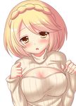  bad_id bad_pixiv_id blonde_hair blush braid breasts cleavage cleavage_cutout highres jubeat knit_(pop'n_music) large_breasts looking_at_viewer meme_attire muraji0419 open-chest_sweater pop'n_music ribbed_sweater short_hair simple_background solo sweater turtleneck white_background yellow_eyes 