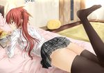  black_legwear book chips engrish food hair_ribbon highres inu_(mezonsidepark) long_hair lying on_bed on_stomach original potato_chips ranguage reading red_eyes red_hair ribbon skirt solo thighhighs thighs twintails zettai_ryouiki 