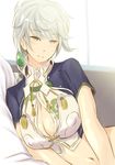  bed_sheet blue_shirt braid breasts brown_eyes cleavage_cutout cloud_print highres kantai_collection large_breasts light_smile looking_at_viewer lying midriff navel no_panties on_side shirt silver_hair single_braid solo unryuu_(kantai_collection) wa_(genryusui) 