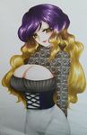 alternate_costume arms_behind_back bad_id bad_pixiv_id blonde_hair blush breasts casual cleavage_cutout corset curly_hair gradient_hair hijiri_byakuren lace large_breasts long_hair long_sleeves looking_at_viewer meme_attire multicolored_hair open-chest_sweater open_mouth purple_hair shu_(loveeater) simple_background skirt smile solo sweater touhou traditional_media turtleneck unmoving_pattern upper_body white_background yellow_eyes 