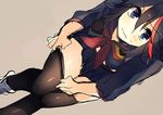  anko_(kirikiri) black_legwear blue_eyes blush dutch_angle kill_la_kill matoi_ryuuko pantyhose pantyhose_pull school_uniform senketsu serafuku short_hair skirt solo symbol-shaped_pupils 