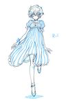  artist_request ayanami_rei ballet_slippers bangle bracelet character_name closed_eyes dress frilled_dress frills full_body hair_ornament jewelry neon_genesis_evangelion puffy_short_sleeves puffy_sleeves short_hair short_sleeves solo standing standing_on_one_leg striped striped_dress tiptoes white_background 
